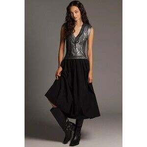 Pilcro Sleeveless V-Neck Foil Twofer Midi Dress XS NWT Romantic Goth Urban Chic
